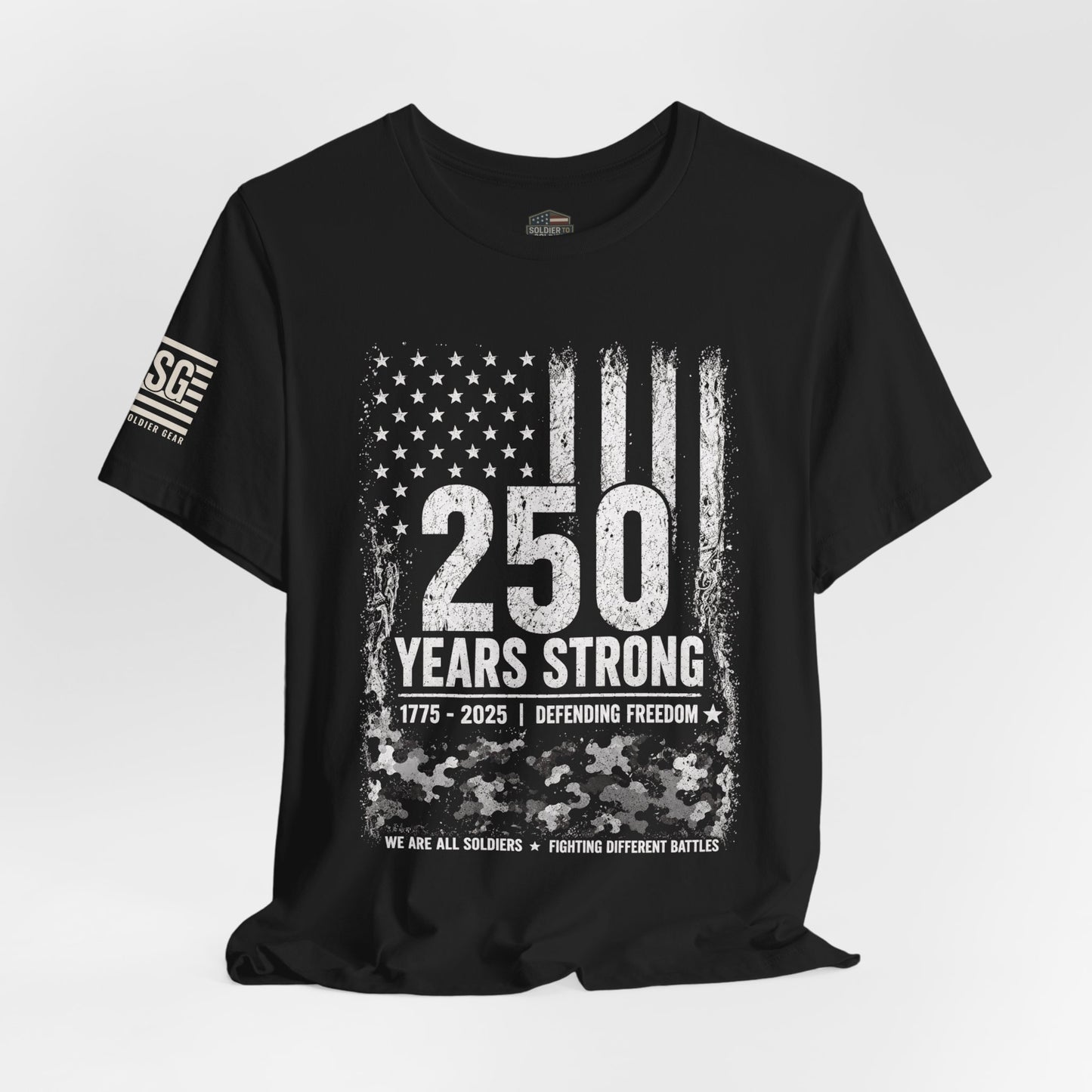 250 Years Strong Military T-Shirt – 1775-2025 Patriotic Service Timeline Tee