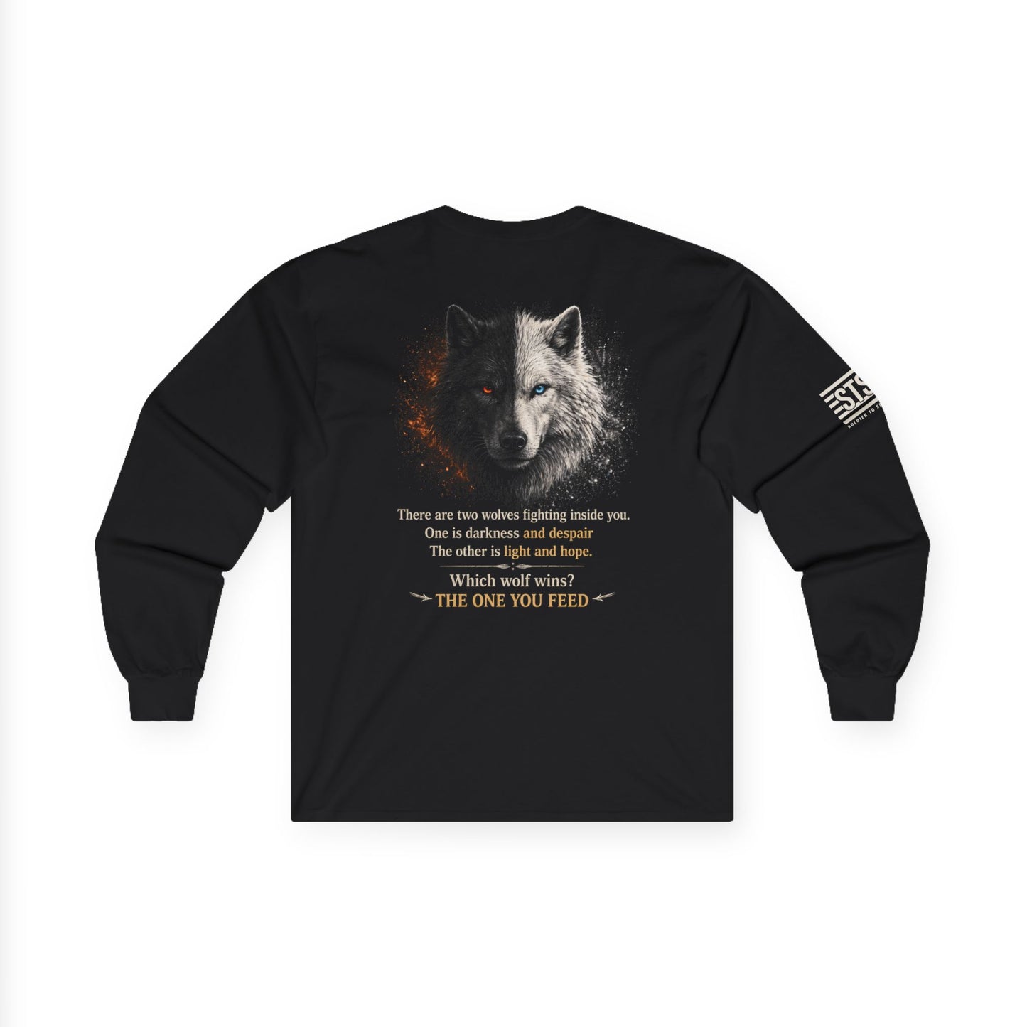 Wolf “The One You Feed” Mental Health Awareness Long Sleeve Tee | Veteran & Military Motivational Shirt | PTSD Resilience Wolf Graphic Apparel
