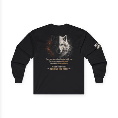 Wolf “The One You Feed” Mental Health Awareness Long Sleeve Tee | Veteran & Military Motivational Shirt | PTSD Resilience Wolf Graphic Apparel