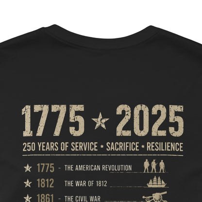 250 Years Strong Military Tribute T-Shirt — 1775-2025 Veteran Patriotic Tee