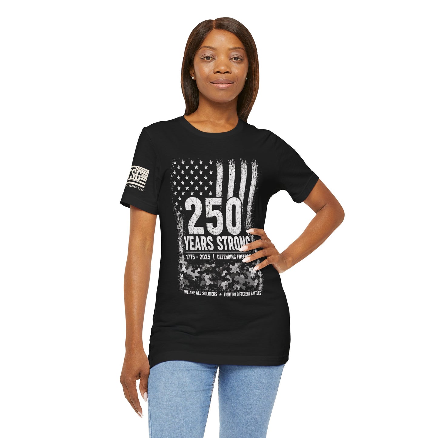 250 Years Strong Military T-Shirt – 1775-2025 Patriotic Service Timeline Tee | Veteran Tribute Graphic Shirt