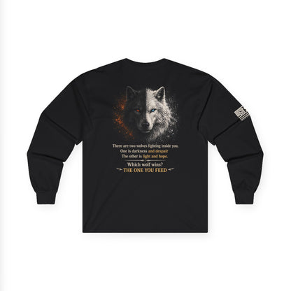 Wolf “The One You Feed” Mental Health Awareness Long Sleeve Tee | Veteran & Military Motivational Shirt | PTSD Resilience Wolf Graphic Apparel