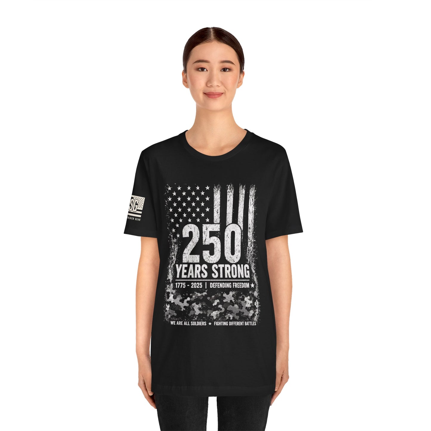 250 Years Strong Military T-Shirt – 1775-2025 Patriotic Service Timeline Tee | Veteran Tribute Graphic Shirt