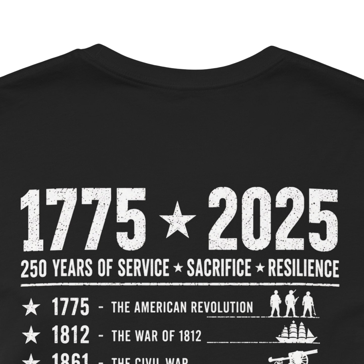 250 Years Strong Military T-Shirt – 1775-2025 Patriotic Service Timeline Tee | Veteran Tribute Graphic Shirt