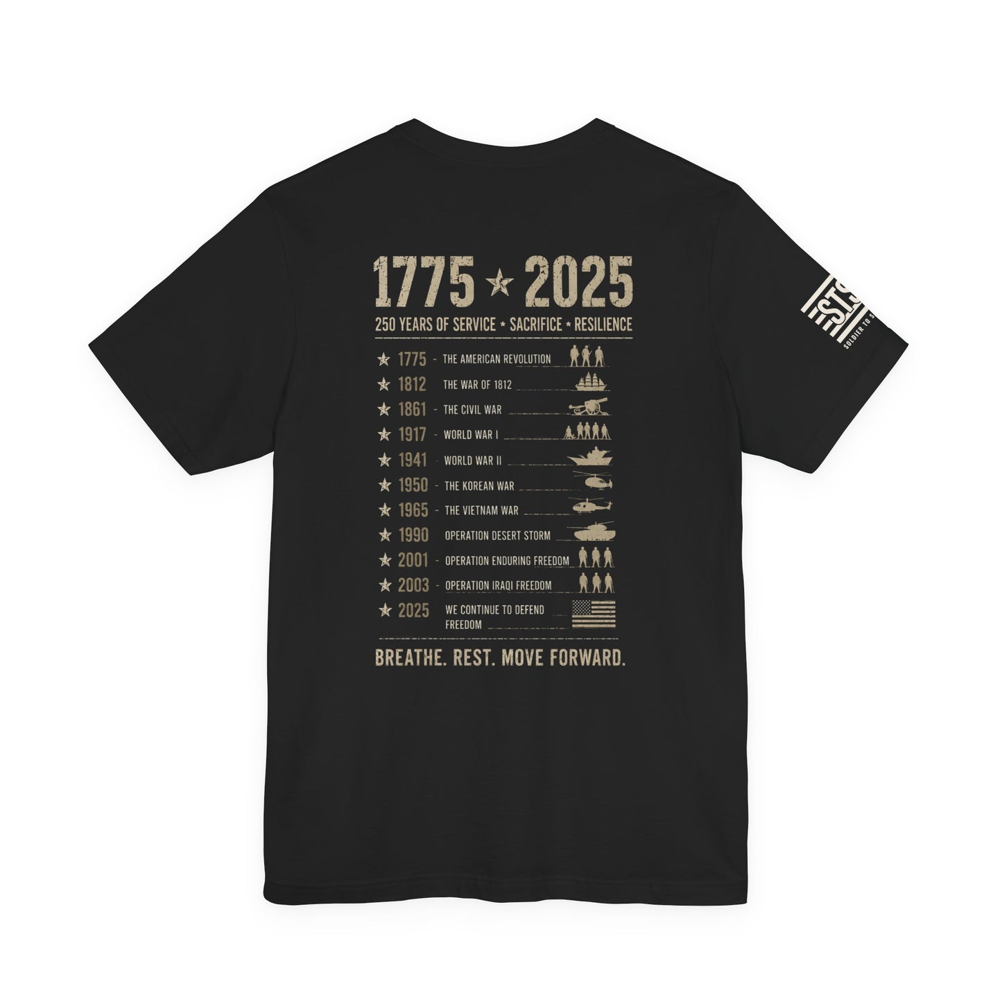 250 Years Strong Military T-Shirt – 1775-2025 Patriotic Service Timeline Tee | Veteran Tribute Graphic Shirt