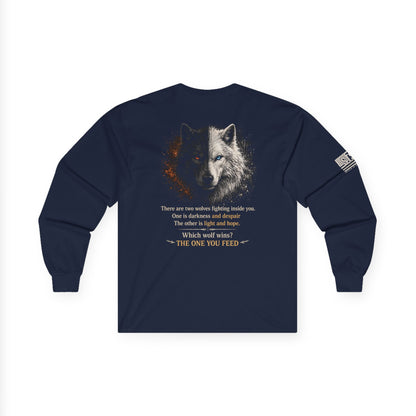 Wolf “The One You Feed” Mental Health Awareness Long Sleeve Tee | Veteran & Military Motivational Shirt | PTSD Resilience Wolf Graphic Apparel