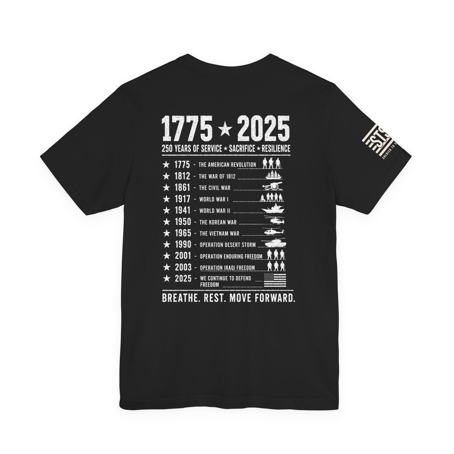 250 Years Strong Military T-Shirt – 1775-2025 Patriotic Service Timeline Tee | Veteran Tribute Graphic Shirt