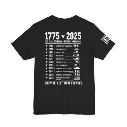 250 Years Strong Military T-Shirt – 1775-2025 Patriotic Service Timeline Tee | Veteran Tribute Graphic Shirt