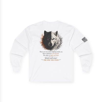 Wolf “The One You Feed” Mental Health Awareness Long Sleeve Tee | Veteran & Military Motivational Shirt | PTSD Resilience Wolf Graphic Apparel