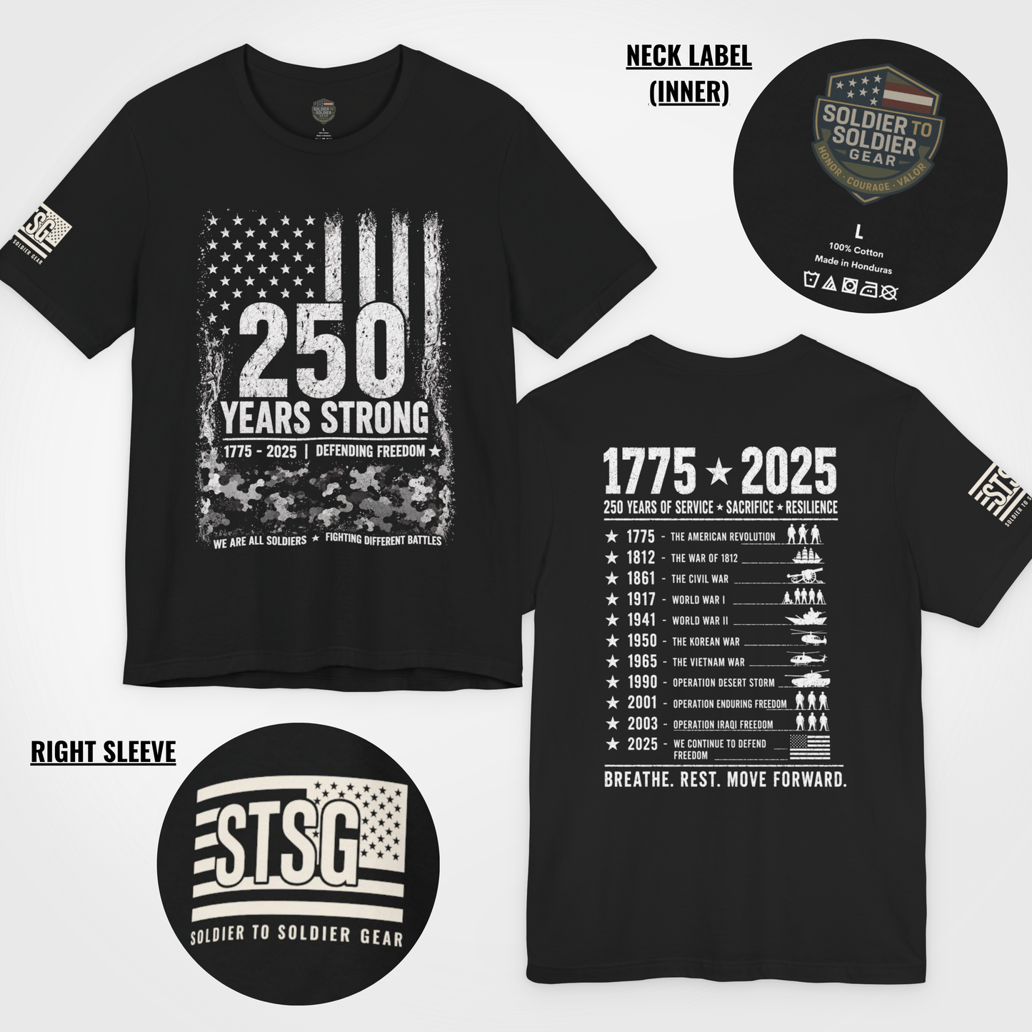 250 Years Strong Military T-Shirt – 1775-2025 Patriotic Service Timeline Tee | Veteran Tribute Graphic Shirt