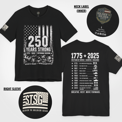 250 Years Strong Military T-Shirt – 1775-2025 Patriotic Service Timeline Tee | Veteran Tribute Graphic Shirt