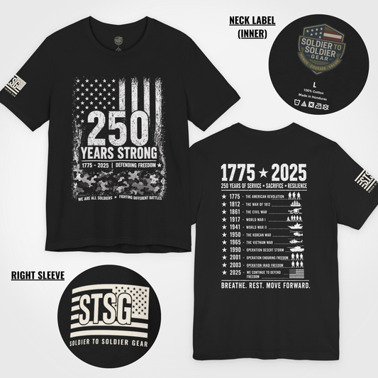 250 Years Strong Military T-Shirt – 1775-2025 Patriotic Service Timeline Tee | Veteran Tribute Graphic Shirt