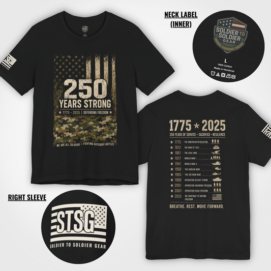 250 Years Strong Military T-Shirt – 1775-2025 Patriotic Service Timeline Tee | Veteran Tribute Graphic Shirt