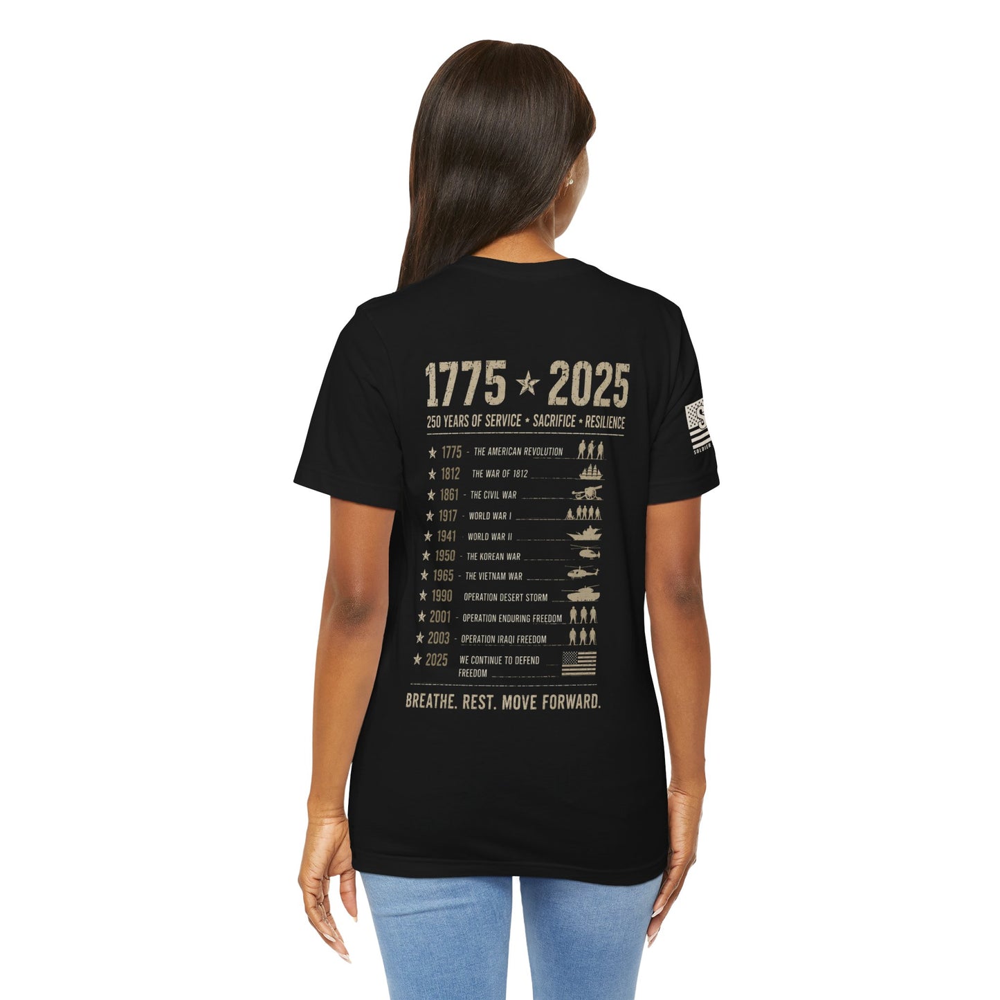 250 Years Strong Military Tribute T-Shirt — 1775-2025 Veteran Patriotic Tee