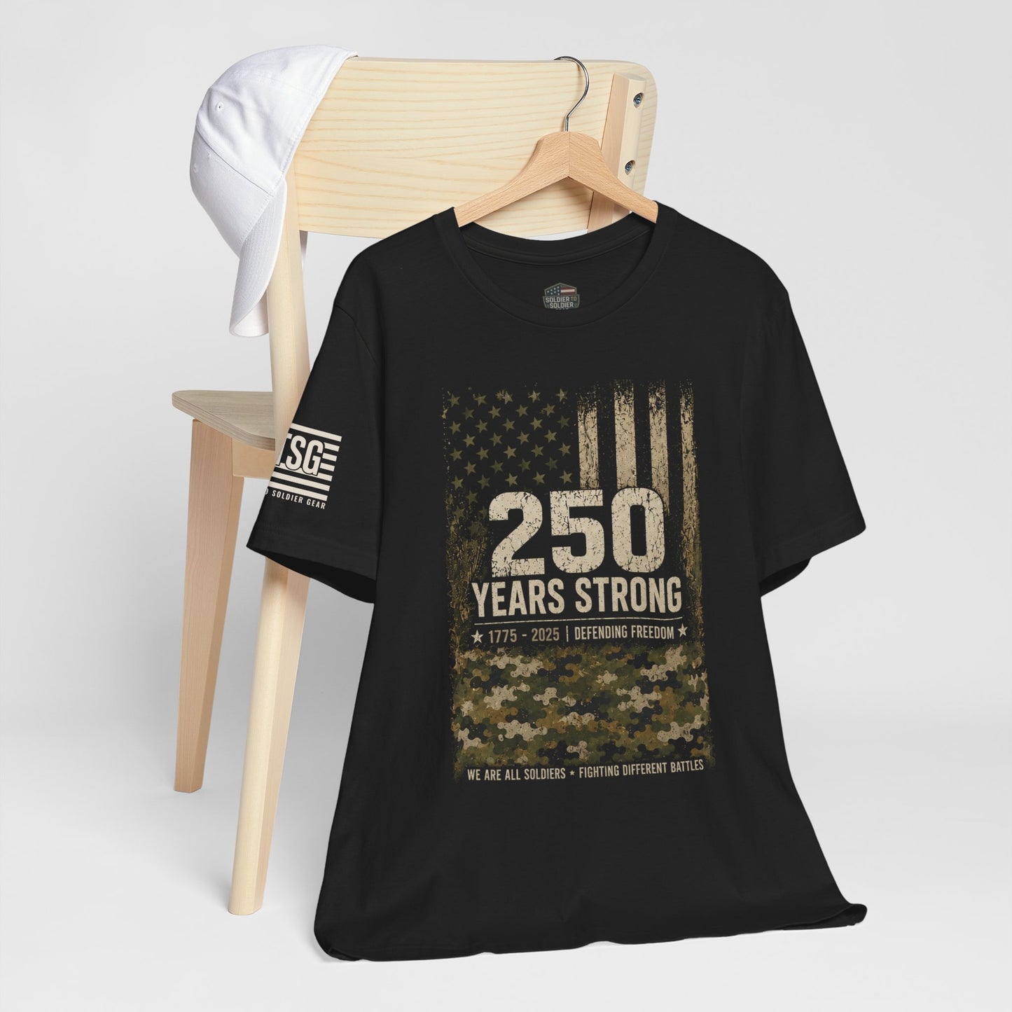 250 Years Strong Military Tribute T-Shirt — 1775-2025 Veteran Patriotic Tee