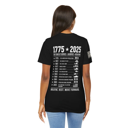 250 Years Strong Military T-Shirt – 1775-2025 Patriotic Service Timeline Tee | Veteran Tribute Graphic Shirt
