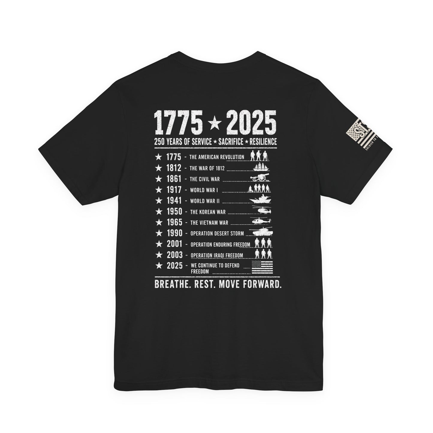 250 Years Strong Military T-Shirt – 1775-2025 Patriotic Service Timeline Tee