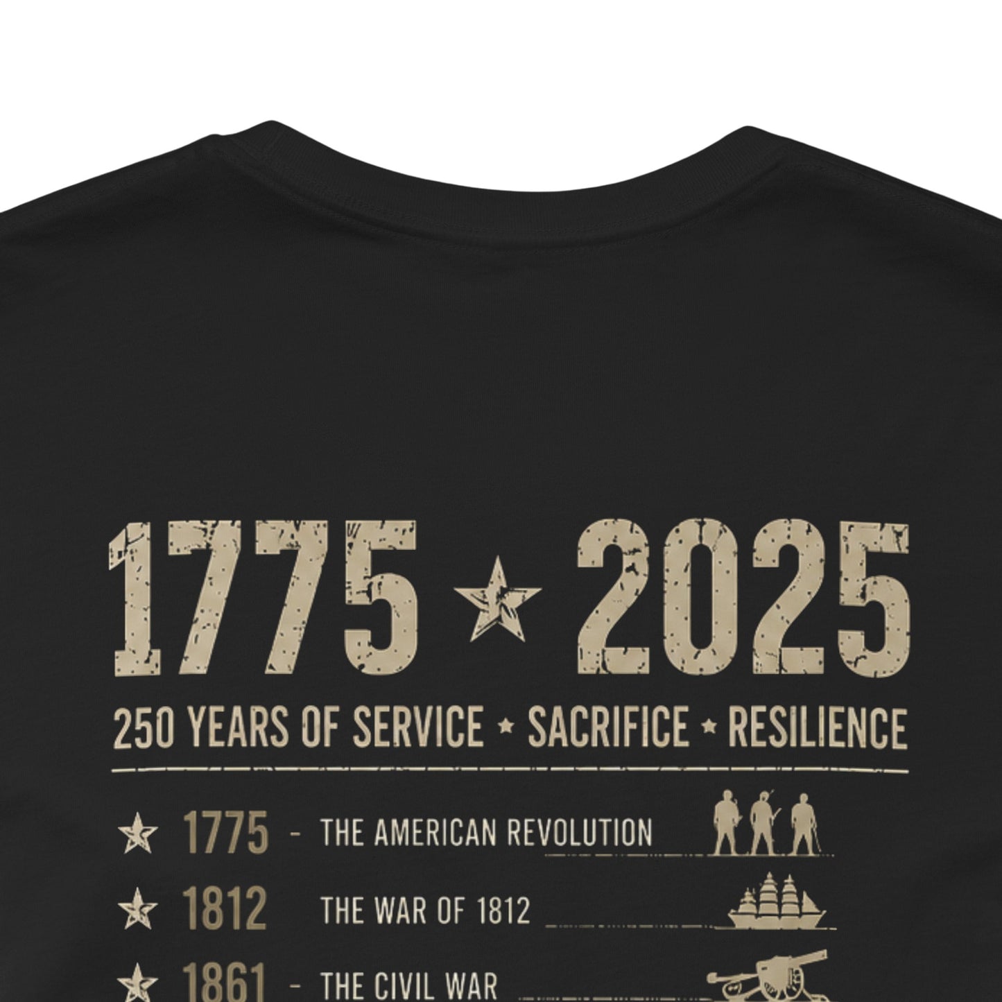 250 Years Strong Military T-Shirt – 1775-2025 Patriotic Service Timeline Tee | Veteran Tribute Graphic Shirt