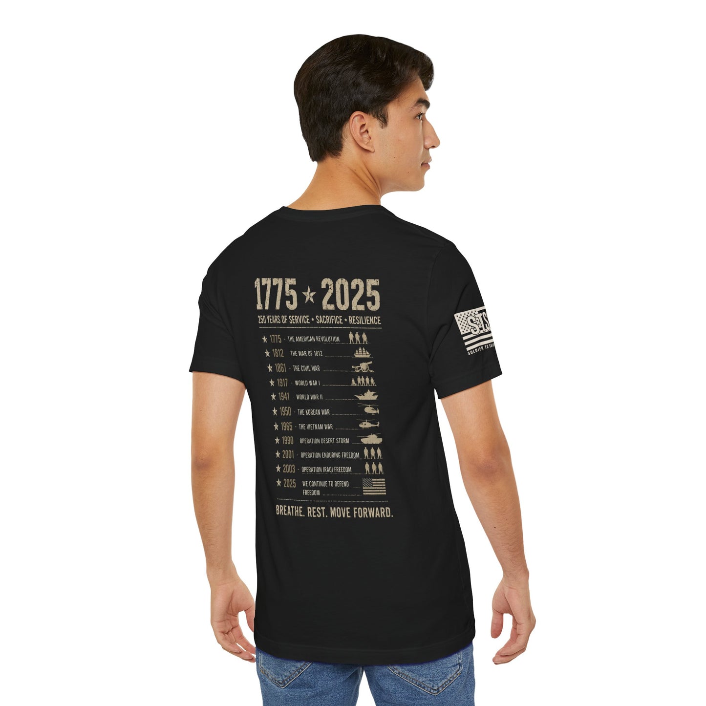 250 Years Strong Military Tribute T-Shirt — 1775-2025 Veteran Patriotic Tee