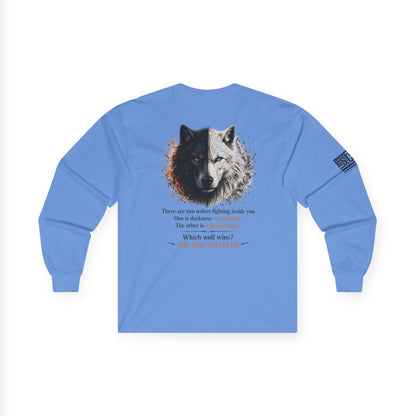 Wolf “The One You Feed” Mental Health Awareness Long Sleeve Tee | Veteran & Military Motivational Shirt | PTSD Resilience Wolf Graphic Apparel