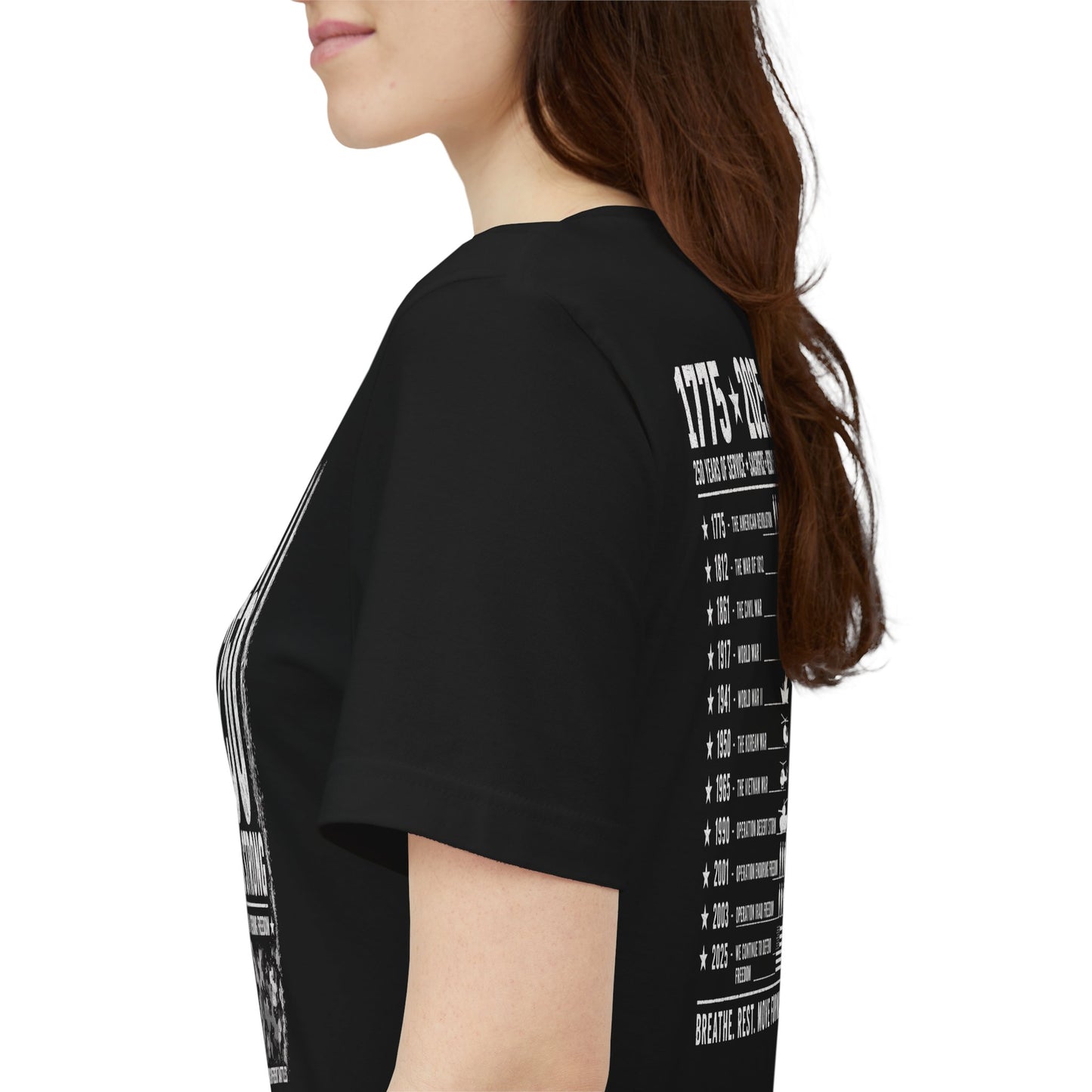 250 Years Strong Military T-Shirt – 1775-2025 Patriotic Service Timeline Tee | Veteran Tribute Graphic Shirt