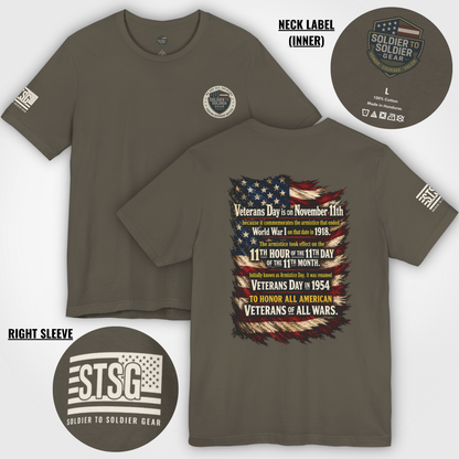 Veterans Day 11th Hour American Flag T-Shirt | WWI Armistice 1918 Tribute Tee | Military Veteran Appreciation Shirt | Bella Canvas 3001