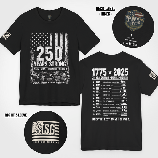 250 Years Strong Military T-Shirt – 1775-2025 Patriotic Service Timeline Tee | Veteran Tribute Graphic Shirt