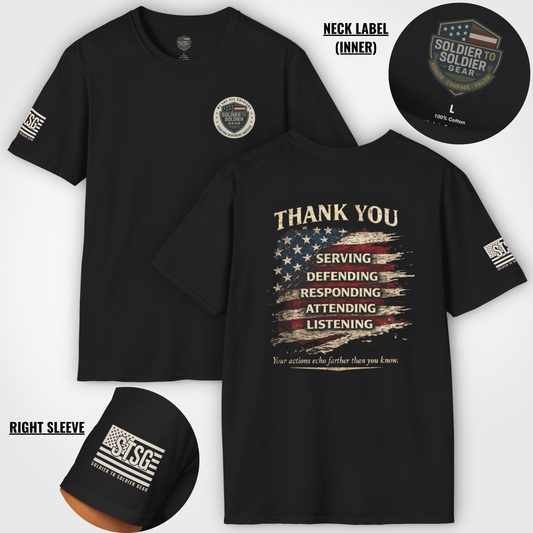 Thank You Veterans T-Shirt — Distressed American Flag "Thank You: Serving, Defending, Responding, Attending, Listening"