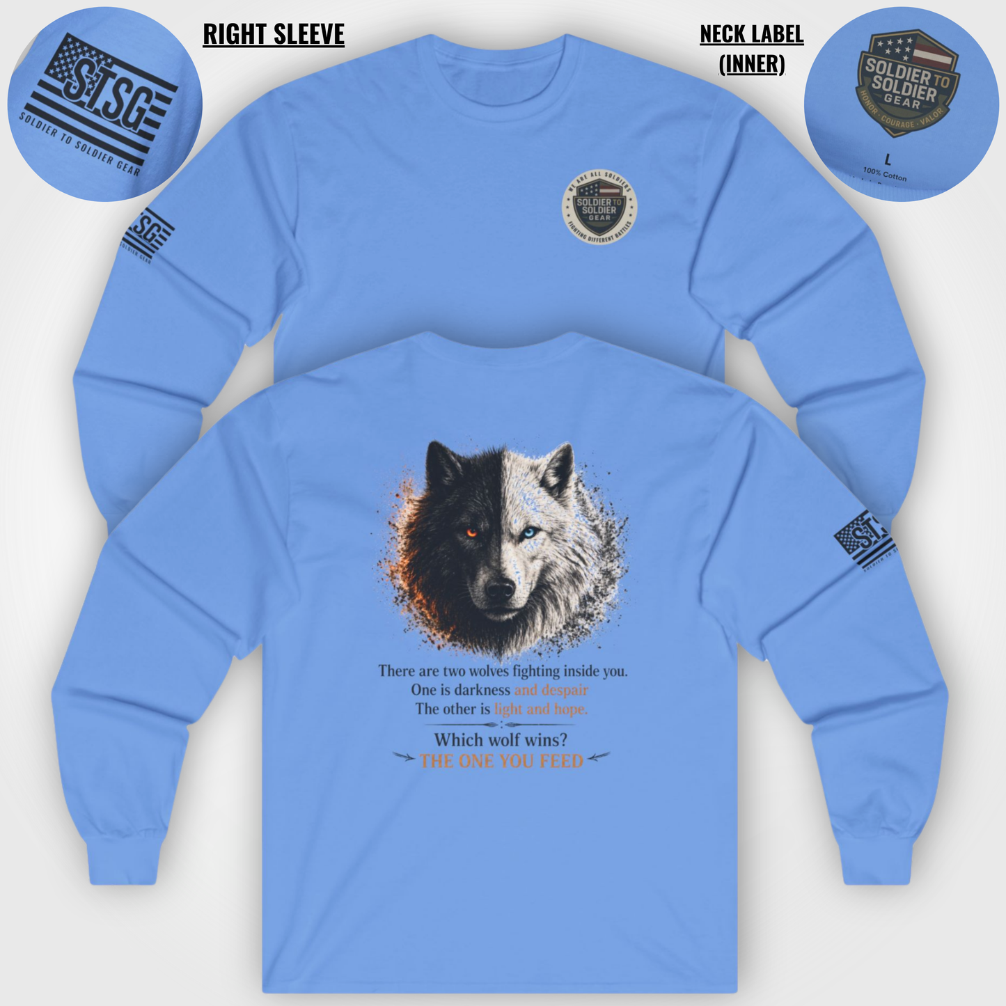Wolf “The One You Feed” Mental Health Awareness Long Sleeve Tee | Veteran & Military Motivational Shirt | PTSD Resilience Wolf Graphic Apparel