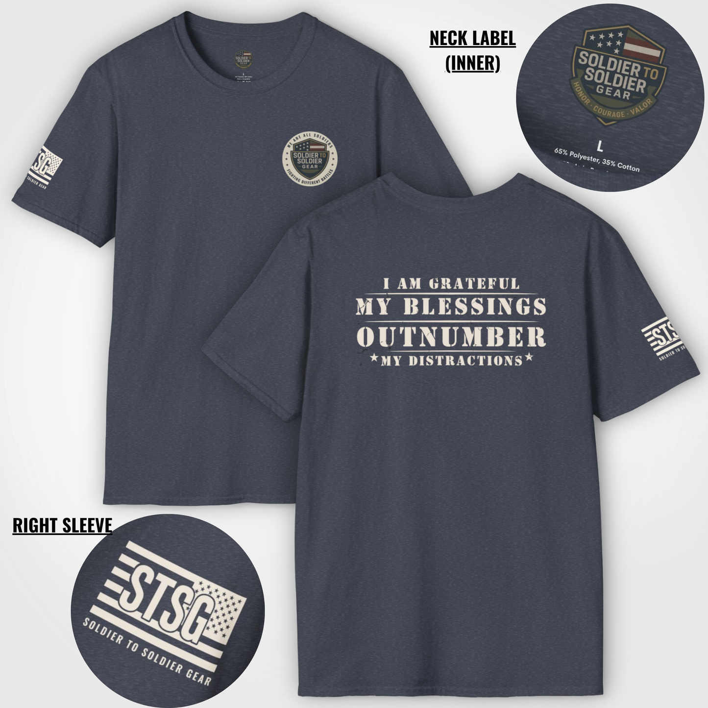 Soldier to Soldier Grateful Heart T-Shirt — “My Blessings Outnumber My Distractions” Inspirational Tee Shirt