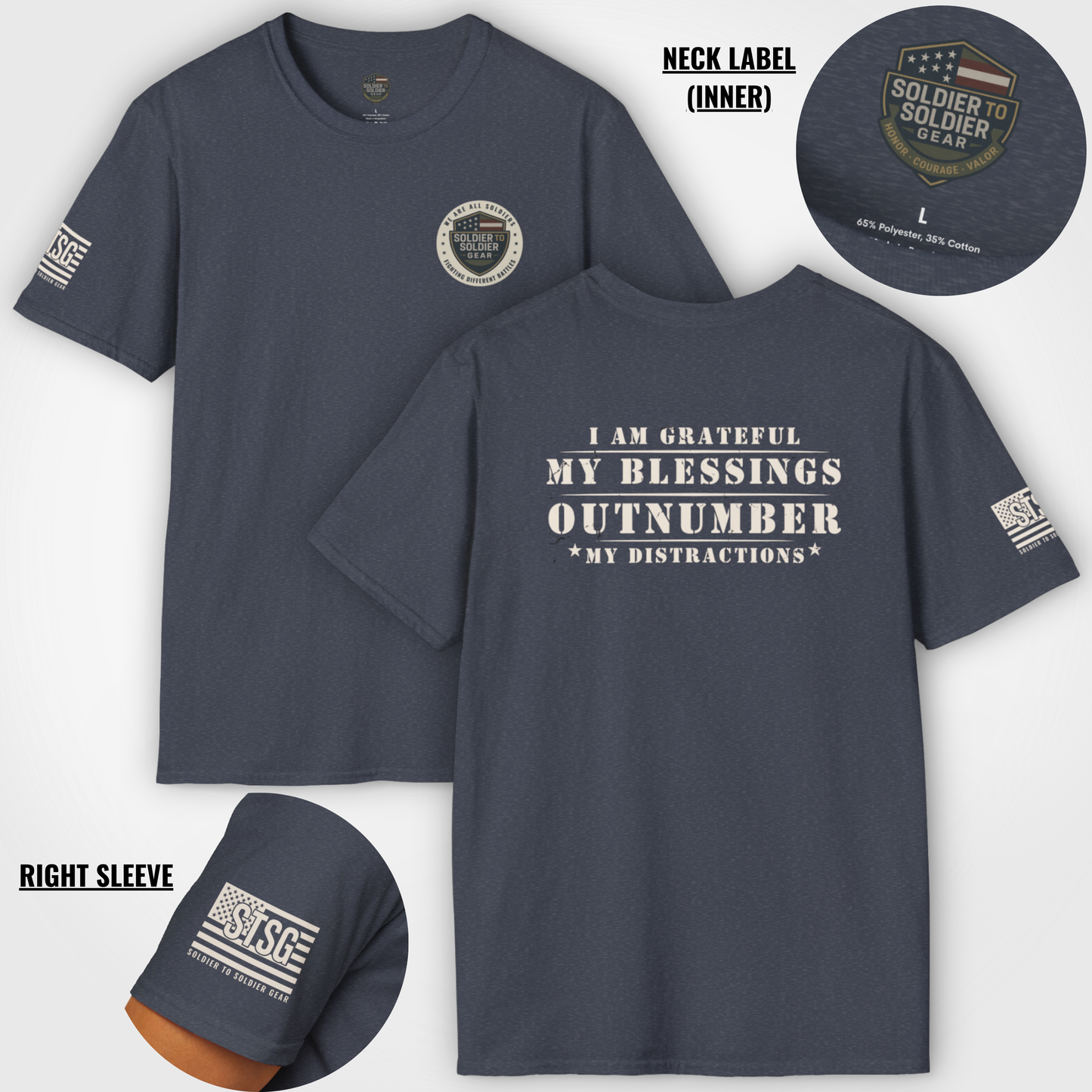 Soldier to Soldier Grateful Heart T-Shirt — “My Blessings Outnumber My Distractions” Inspirational Tee Shirt