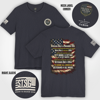Veterans Day 11th Hour American Flag T-Shirt | WWI Armistice 1918 Tribute Tee | Military Veteran Appreciation Shirt | Bella Canvas 3001