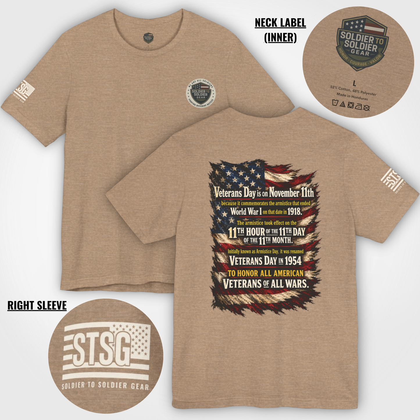 Veterans Day 11th Hour American Flag T-Shirt | WWI Armistice 1918 Tribute Tee | Military Veteran Appreciation Shirt | Bella Canvas 3001
