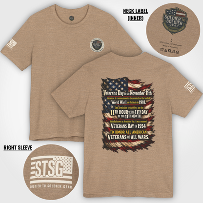 Veterans Day 11th Hour American Flag T-Shirt | WWI Armistice 1918 Tribute Tee | Military Veteran Appreciation Shirt | Bella Canvas 3001