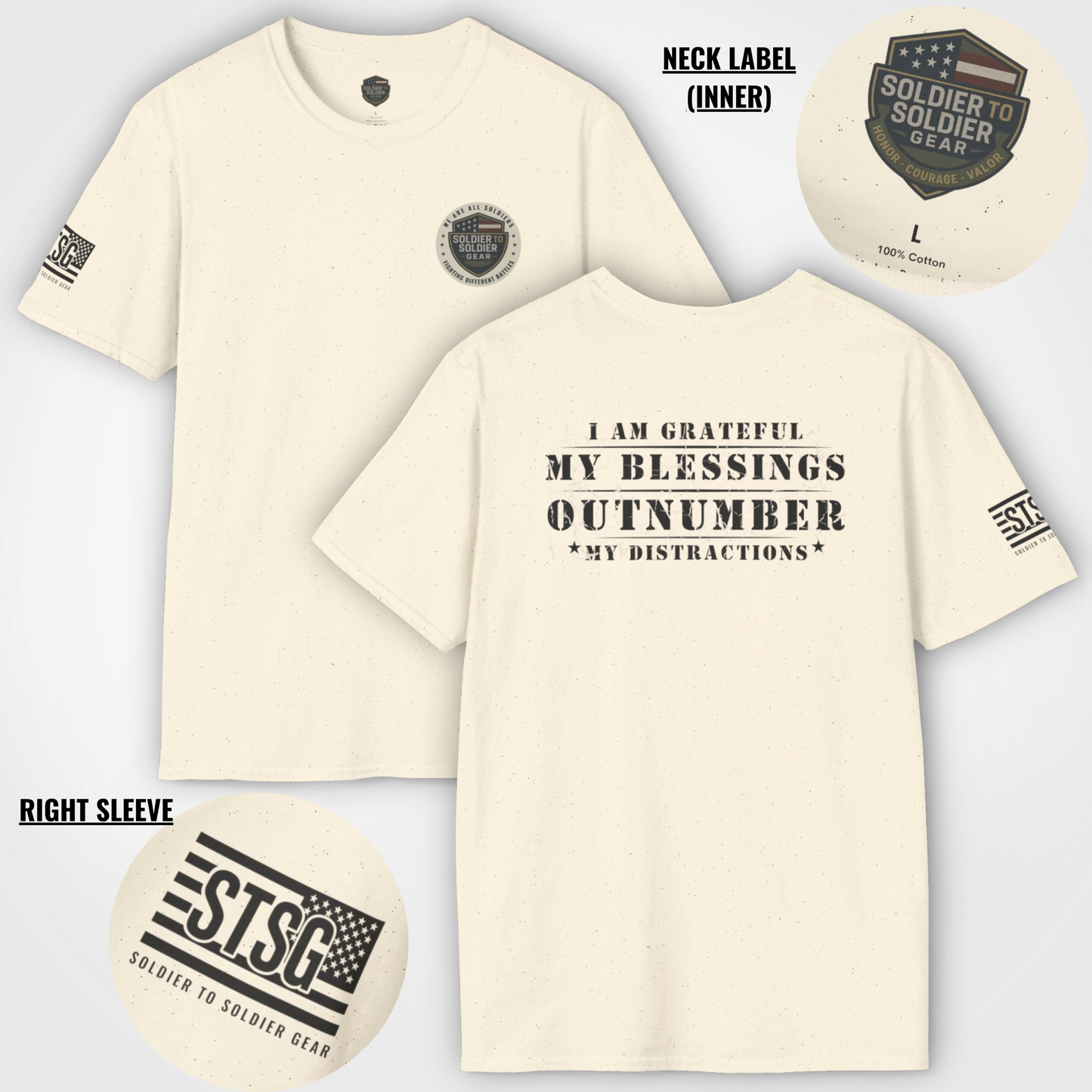 Soldier to Soldier Grateful Heart T-Shirt — “My Blessings Outnumber My Distractions” Inspirational Tee Shirt