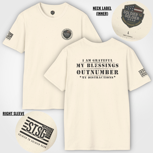 Soldier to Soldier Grateful Heart T-Shirt — “My Blessings Outnumber My Distractions” Inspirational Tee Shirt