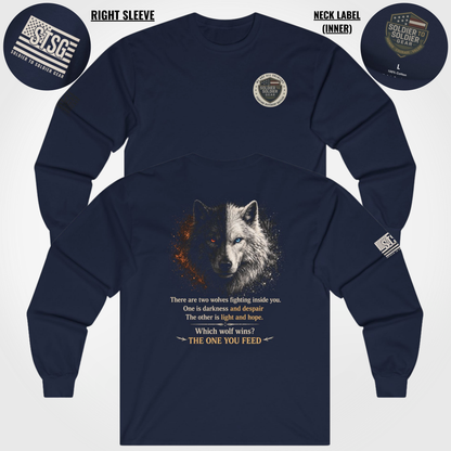 Wolf “The One You Feed” Mental Health Awareness Long Sleeve Tee | Veteran & Military Motivational Shirt | PTSD Resilience Wolf Graphic Apparel