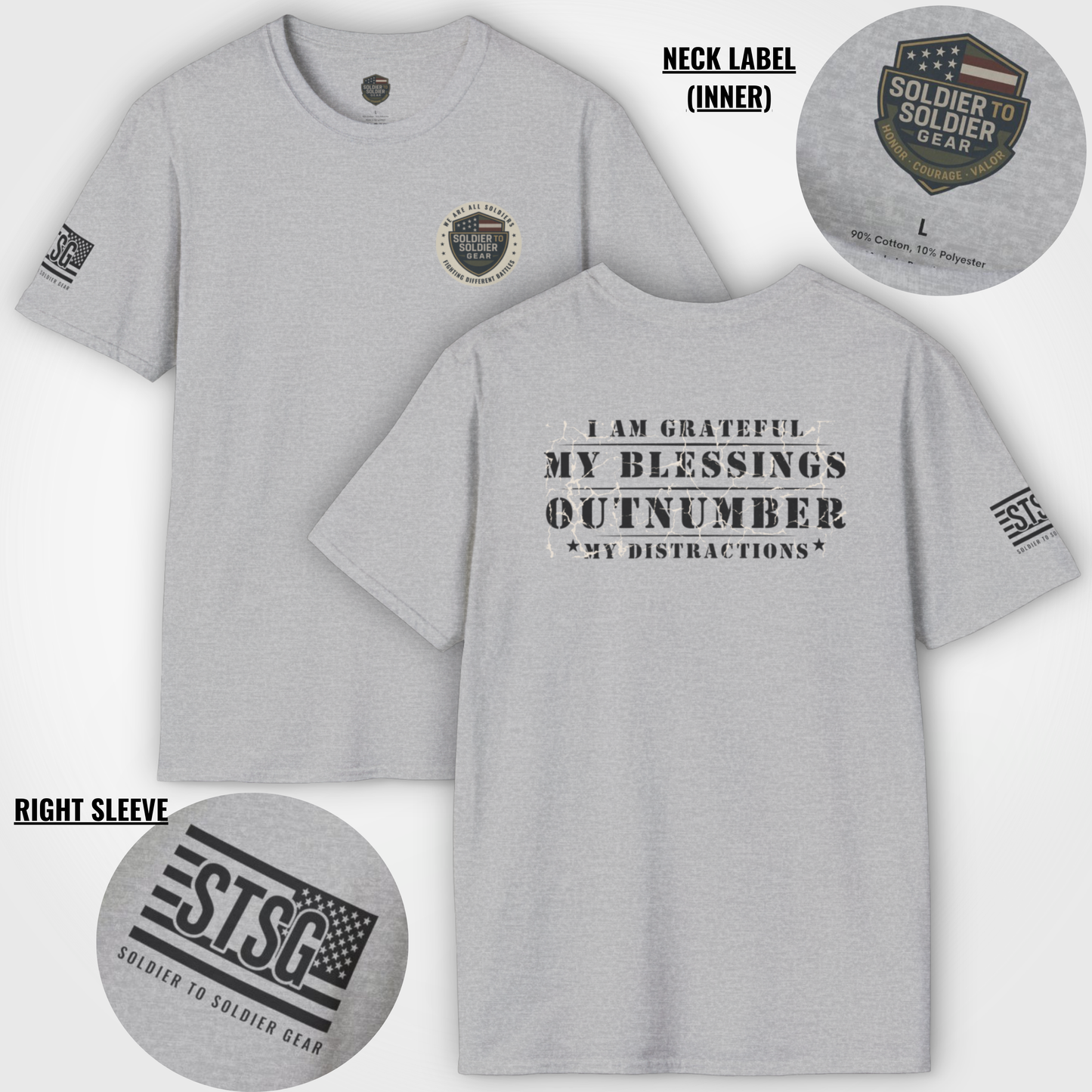 Soldier to Soldier Grateful Heart T-Shirt — “My Blessings Outnumber My Distractions” Inspirational Tee Shirt