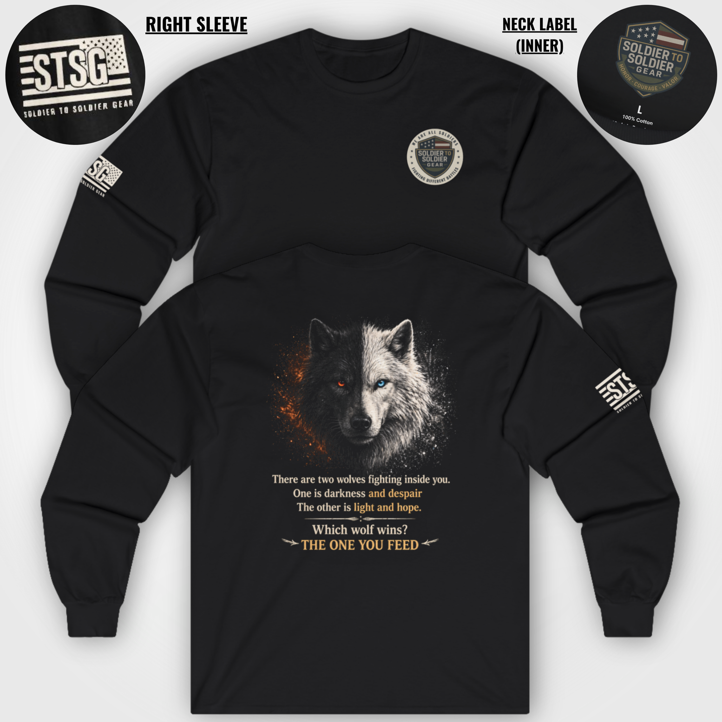 Wolf “The One You Feed” Mental Health Awareness Long Sleeve Tee | Veteran & Military Motivational Shirt | PTSD Resilience Wolf Graphic Apparel