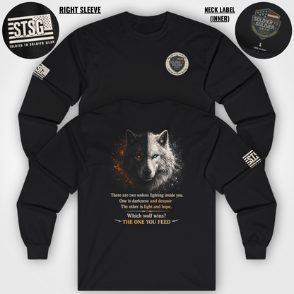 Wolf “The One You Feed” Mental Health Awareness Long Sleeve Tee | Veteran & Military Motivational Shirt | PTSD Resilience Wolf Graphic Apparel