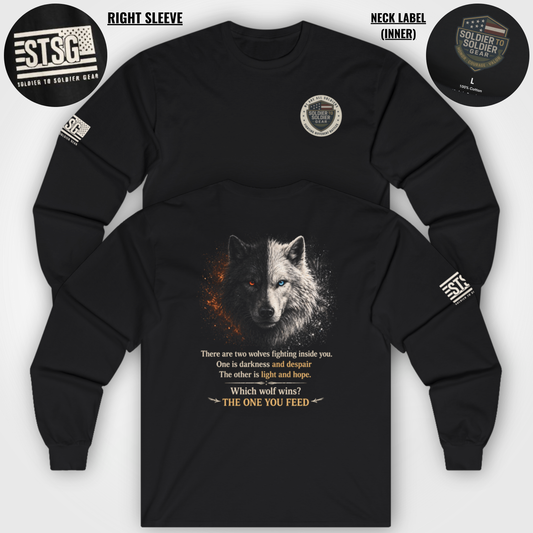 Wolf “The One You Feed” Mental Health Awareness Long Sleeve Tee | Veteran & Military Motivational Shirt | PTSD Resilience Wolf Graphic Apparel