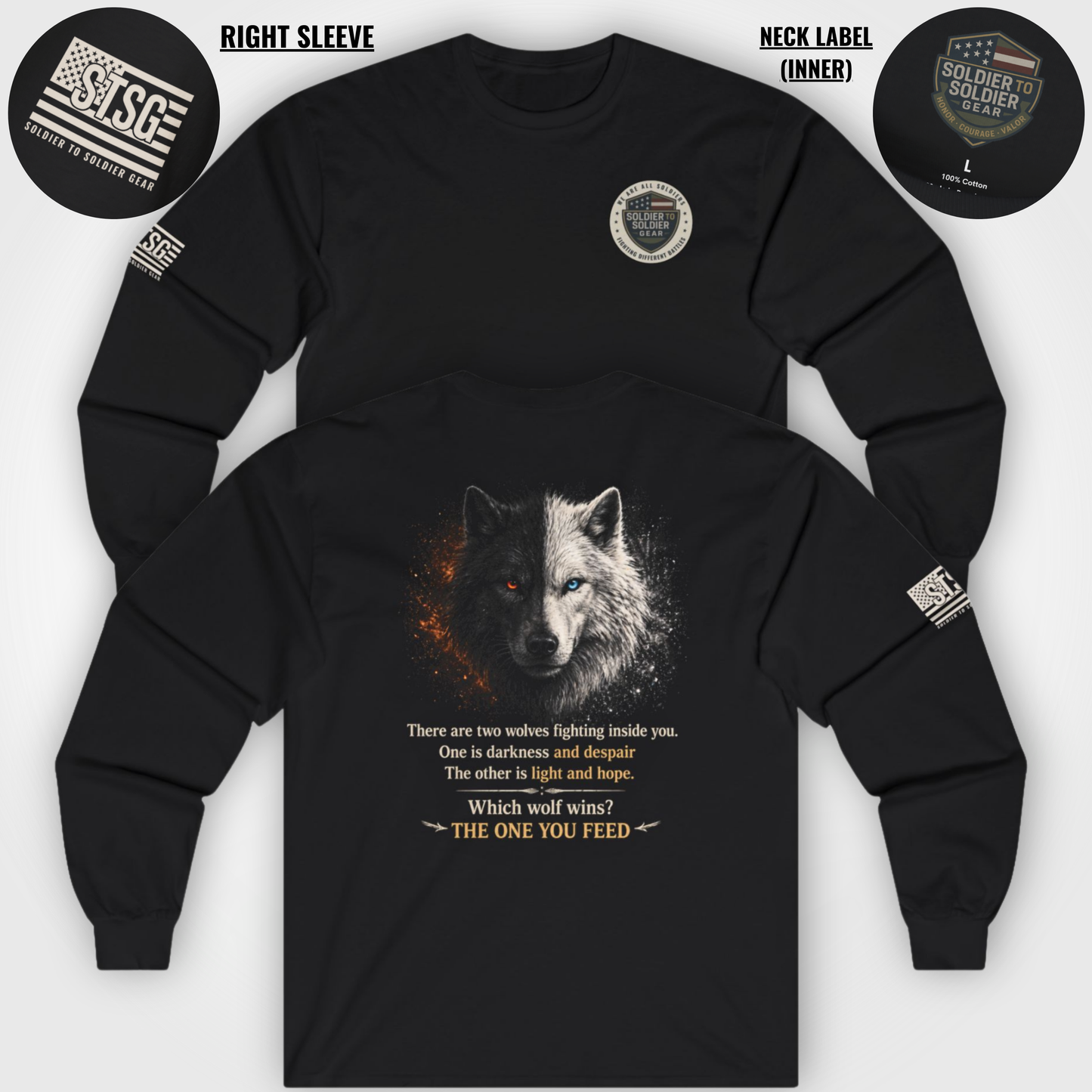 Wolf “The One You Feed” Mental Health Awareness Long Sleeve Tee | Veteran & Military Motivational Shirt | PTSD Resilience Wolf Graphic Apparel