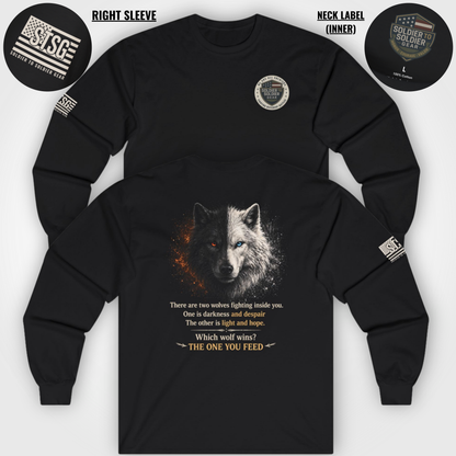 Wolf “The One You Feed” Mental Health Awareness Long Sleeve Tee | Veteran & Military Motivational Shirt | PTSD Resilience Wolf Graphic Apparel