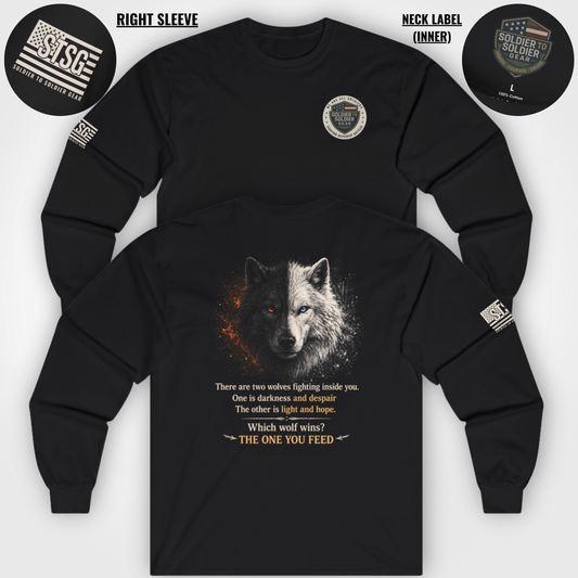Wolf “The One You Feed” Mental Health Awareness Long Sleeve Tee | Veteran & Military Motivational Shirt | PTSD Resilience Wolf Graphic Apparel