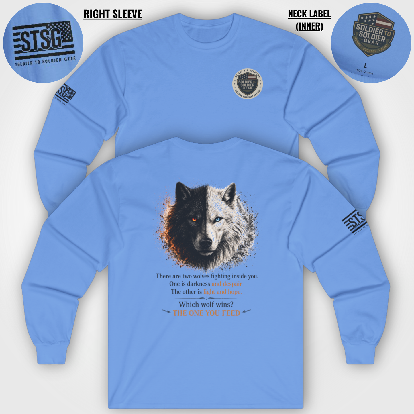 Wolf “The One You Feed” Mental Health Awareness Long Sleeve Tee | Veteran & Military Motivational Shirt | PTSD Resilience Wolf Graphic Apparel