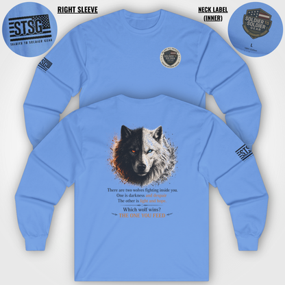 Wolf “The One You Feed” Mental Health Awareness Long Sleeve Tee | Veteran & Military Motivational Shirt | PTSD Resilience Wolf Graphic Apparel