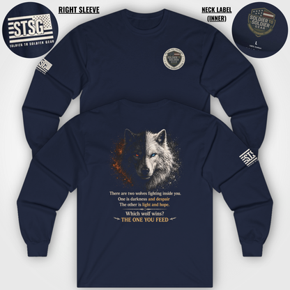 Wolf “The One You Feed” Mental Health Awareness Long Sleeve Tee | Veteran & Military Motivational Shirt | PTSD Resilience Wolf Graphic Apparel